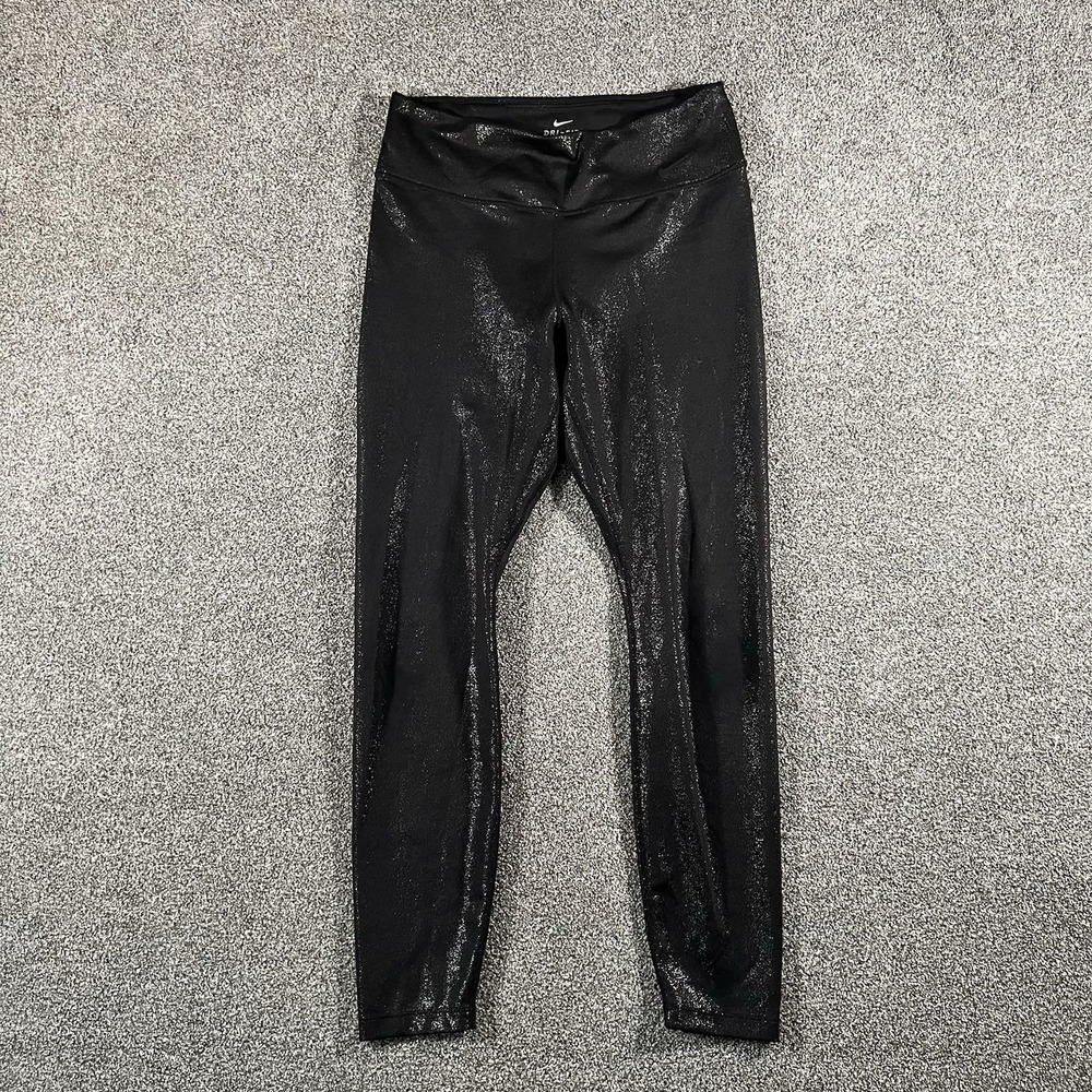Nike Dri Fit Womens Medium Black Shiny Metallic Leggings Yoga Workout Pants